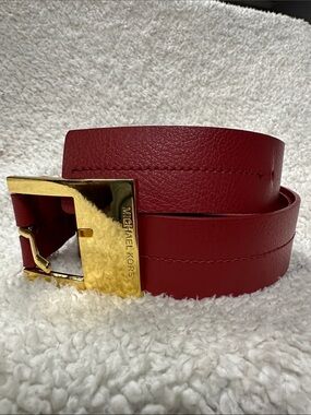 Michael Kors Wide Red Leather Belt, Gold Tone Buckle with name on front, XL, EUC
